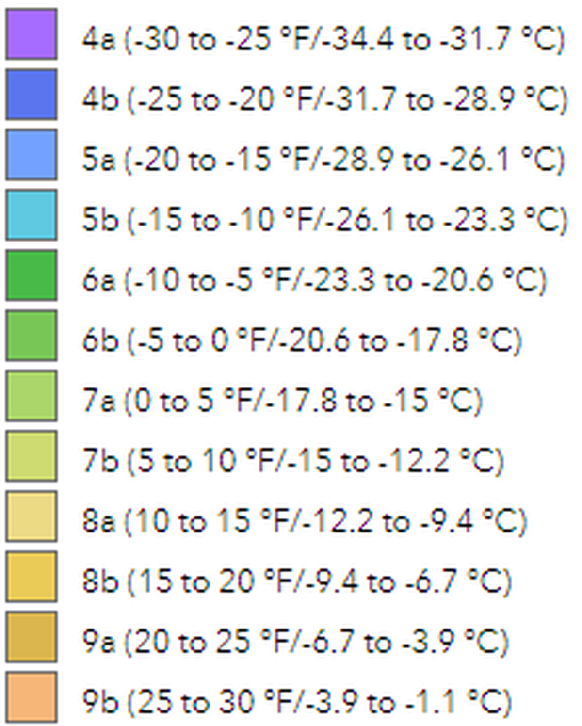 USDA Plant Hardiness Zone legend. Much of Georgia is now Zone 8a, 8b, and 9a.