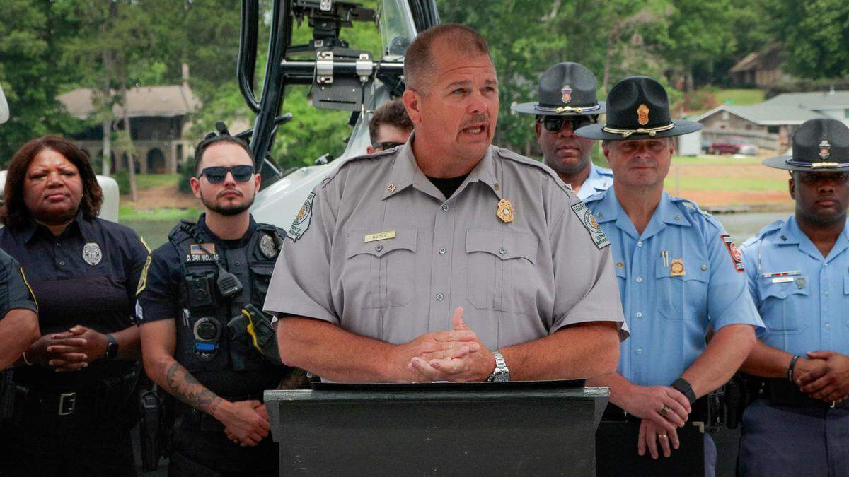 Col. Chris Hodge, director of the Georgia Department of Natural Resources Law Enforcement Division, speaks at the Belts & Jackets news conference May 21, 2026, at Lake Oliver Marina in Columbus.