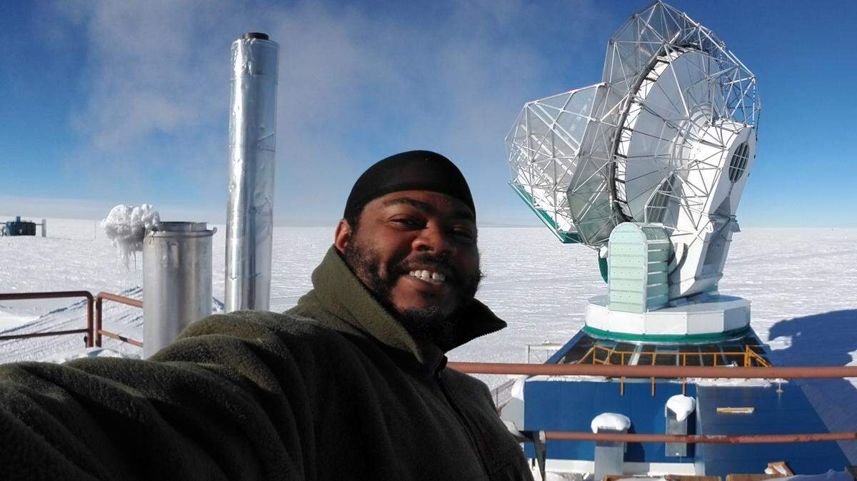 John Hood, a 2006 graduate of Carver High School and a 2014 graduate of Columbus State University, takes a selfie with the South Pole Telescope, where he worked for a month in 2019.