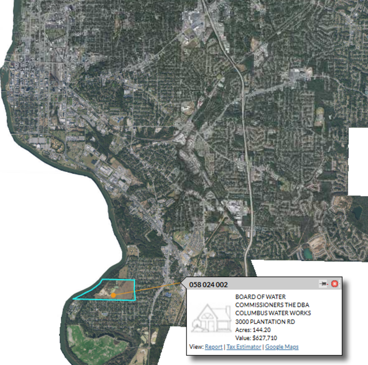 The Columbus Water Works new wastewater treatment plant property is highlighted in blue. It is 144 acres, just north of the South Water Reclamation Facility. It used to be a clay mine.