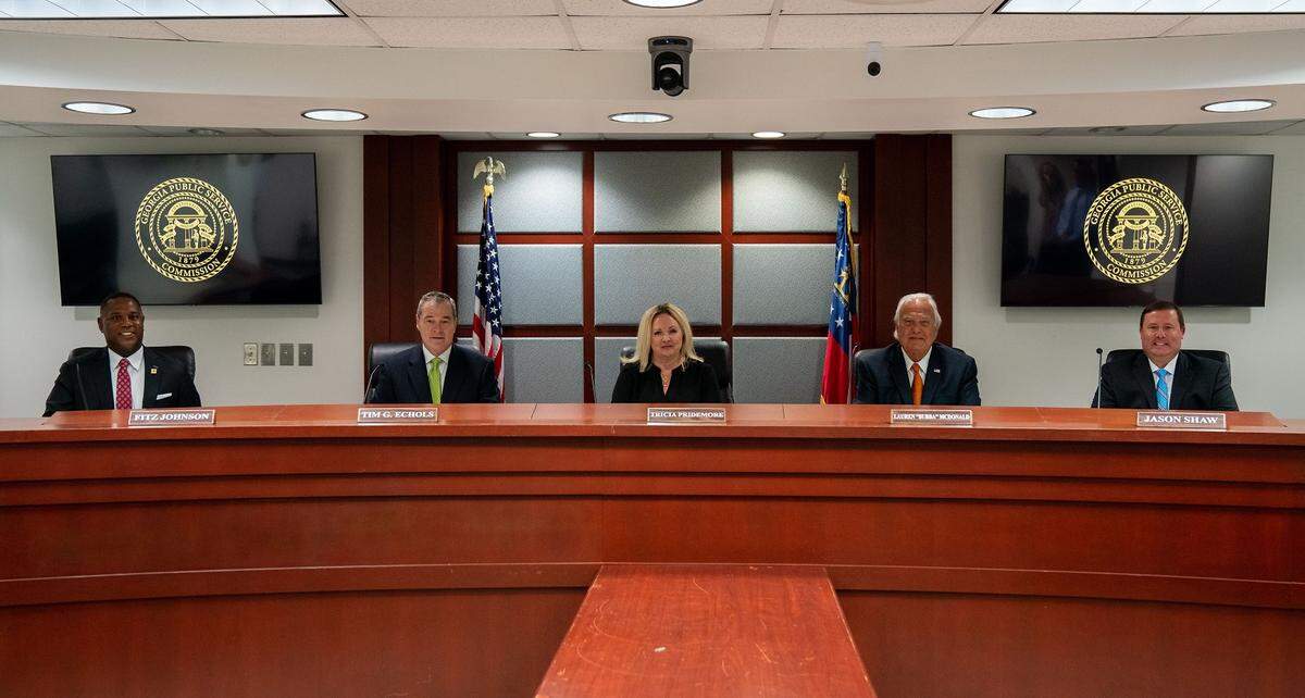 Georgia Public Service Commissions in the hearing room in Atlanta, Georgia. Fitz Johnson, Tim Echols, Tricia Pridemore, Bubba McDonald, Jason Shaw in November 2021