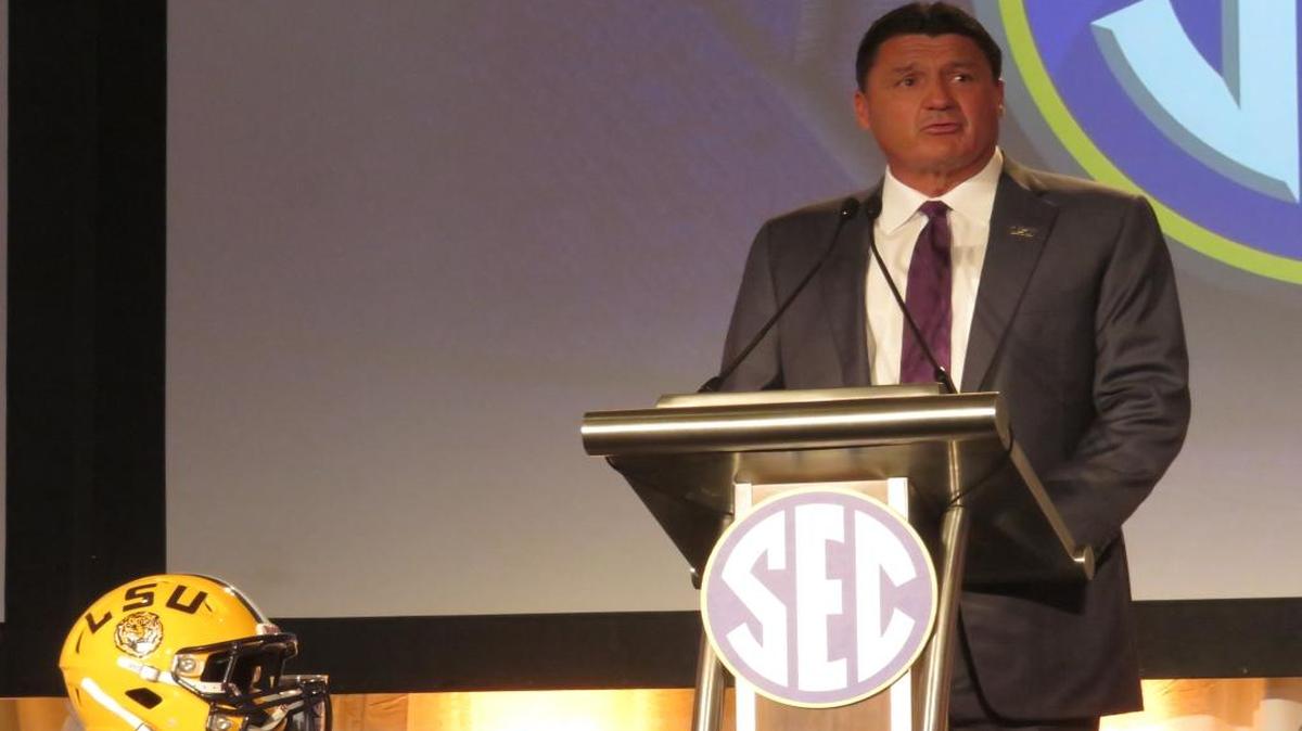 LSU head coach Ed Orgeron did his part to make sure the first day of SEC Media Days on Monday was an entertaining one.