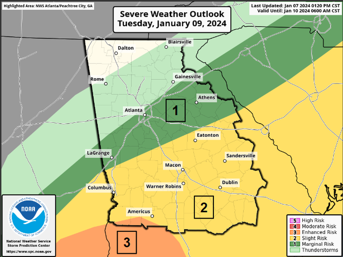 A storm system is expected to hit the state of Georgia from Jan. 8-9 leaving some areas at greater risk of inclement weather.