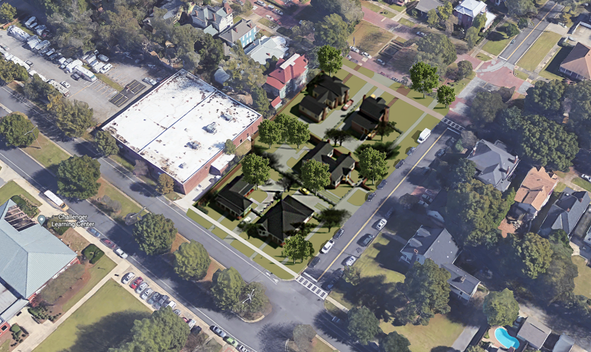 A $2 million project from Historic Columbus would replace a downtown park with five 19th-century homes and revamp a public space along the Chattahoochee River. This is an aerial view of the newly proposed Heritage Park.