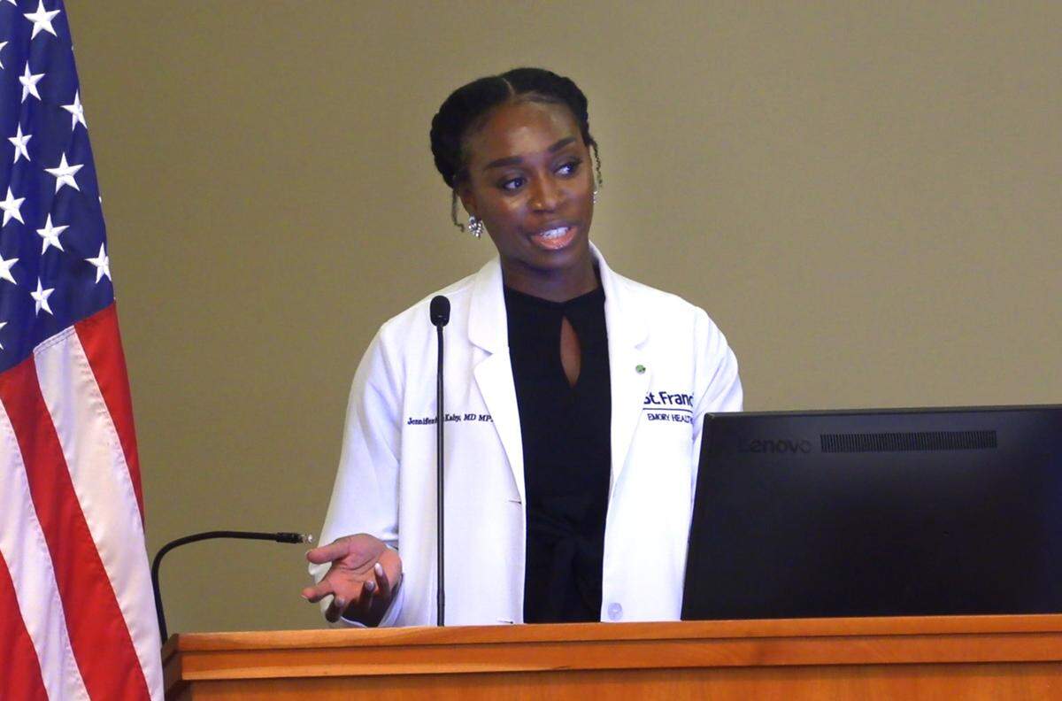 Dr. Jennifer Addo Kaby speaks Thursday night during a Black maternal health week event. 04/14/2022