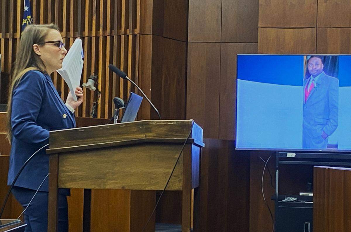 With a photo of shooting victim Marjester Thornton on the screen behind her, prosecutor Meghan Bowden gives a closing argument in Ruben Hensley’s Columbus murder trial.