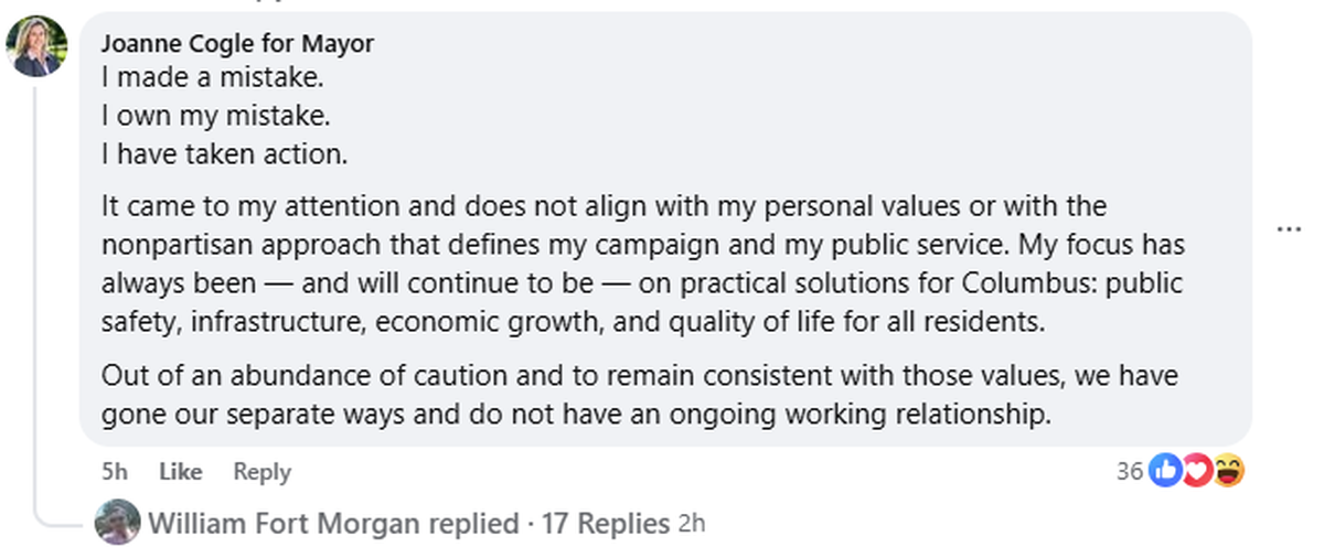 Cogle addressed the controversy in the comments of a Facebook post by the Ledger-Enquirer