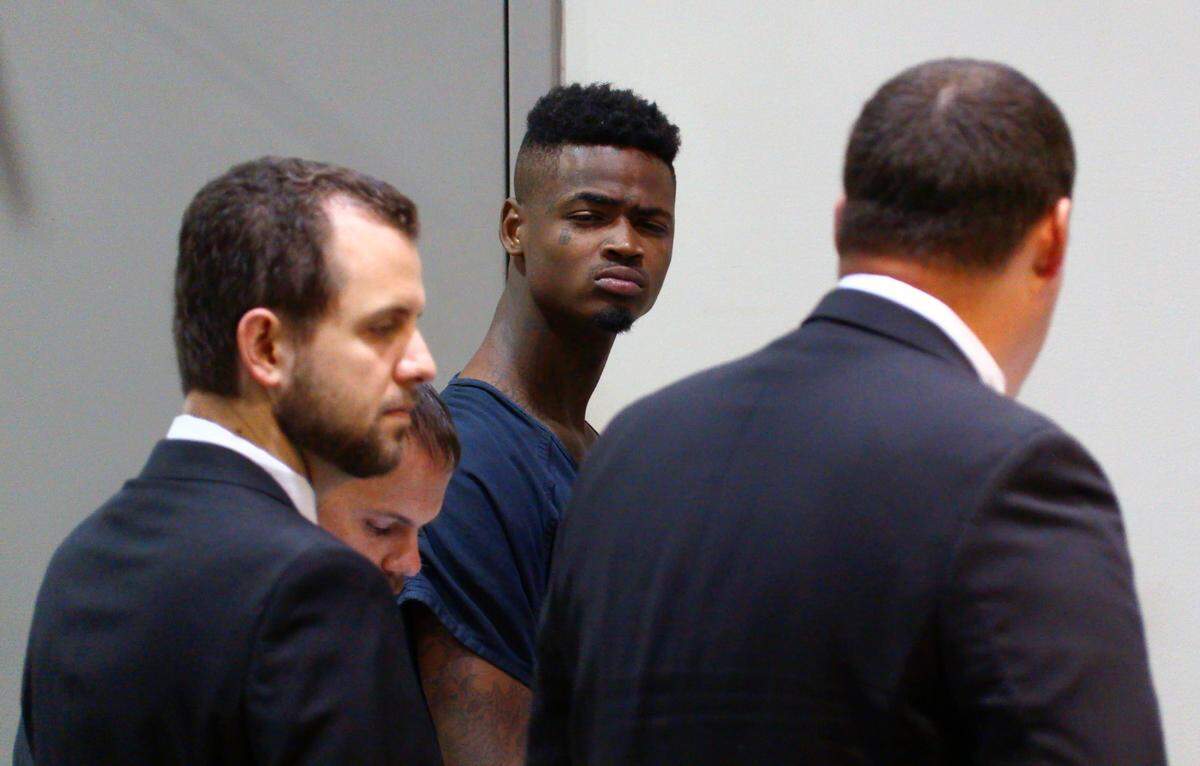 Tyshaun Sylvester, 23, center, appeared in Columbus Recorder’s Court Thursday morning in Columbus, Georgia. Sylvester is facing several charges, including a murder charge in connection with the April 18 murder of Quincy Atkins on Cusseta Road.