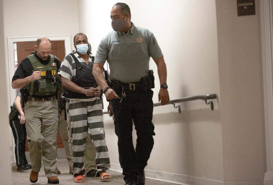 Jeremy Williams is escorted from court after facing new charges in the murder of 5-year-old Kamarie Holland at the Russell County courthouse in Phenix City, Ala. on Jan. 12, 2022.