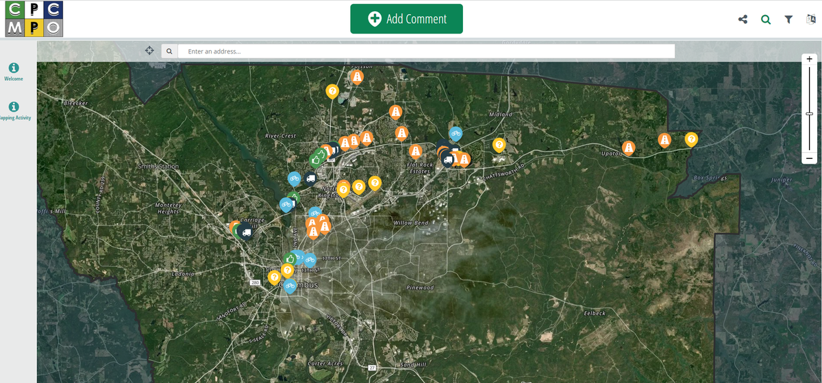 Screen grab from the live map on the Pond & Co. and Columbus Planning Department map, where the public can add comments and give input for the new 2050 Metropolitan Transportation Plan