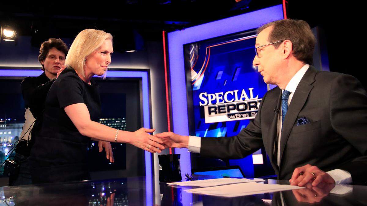 FOX News Channel anchor Chris Wallace, substituting for Bret Baier, concludes his interview with Democratic presidential candidate Kirsten Gillibrand on “Special Report,” in Washington, D.C., on Feb. 25.