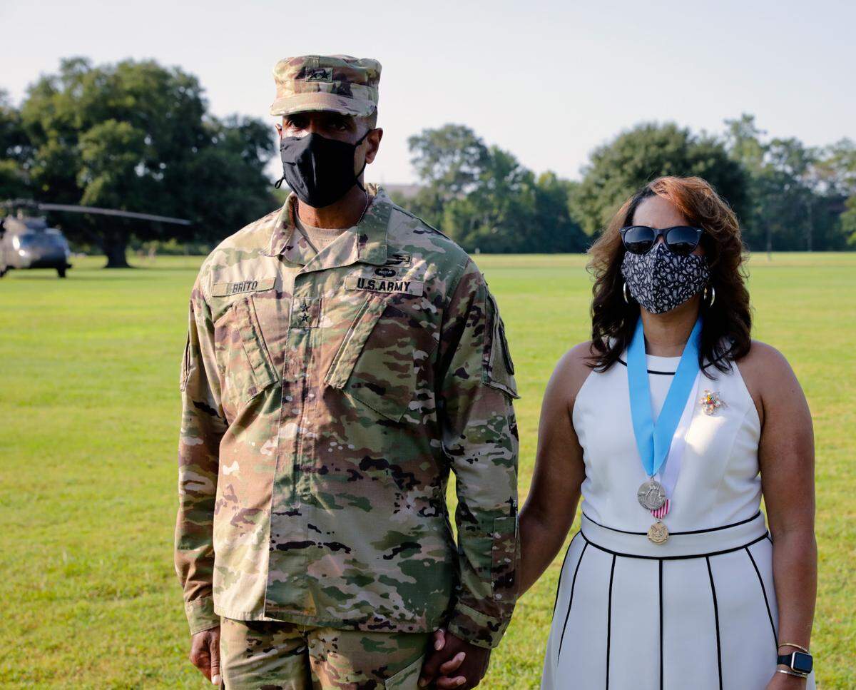 Maj. Gen. Gary M. Brito and his wife Michelle are photographed Friday morning as part of a change of command ceremony at Fort Benning. Maj. Gen. Patrick J. Donahoe assumed command of the Maneuver Center of Excellence, Fort Benning from Maj. Gen. Gary M. Brito July 17, 2020 on York Field. Lt. Gen. James E. Rainey was the reviewing officer.