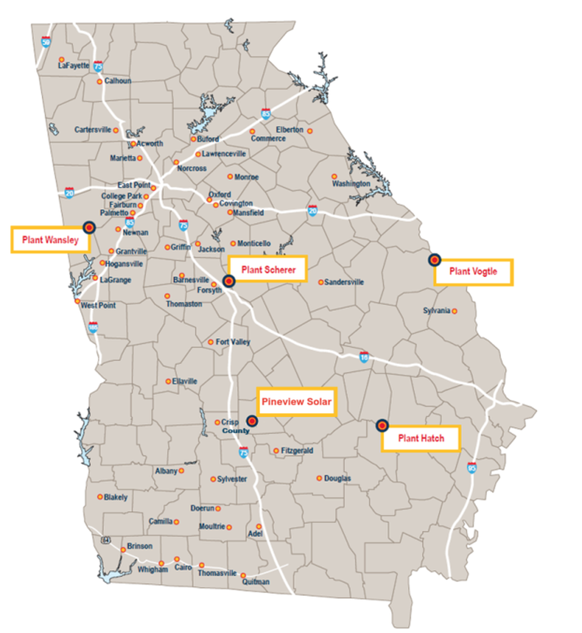 All 49 MEAG Power, Municipal Energy Authority of Georgia municipal partners and power plants.