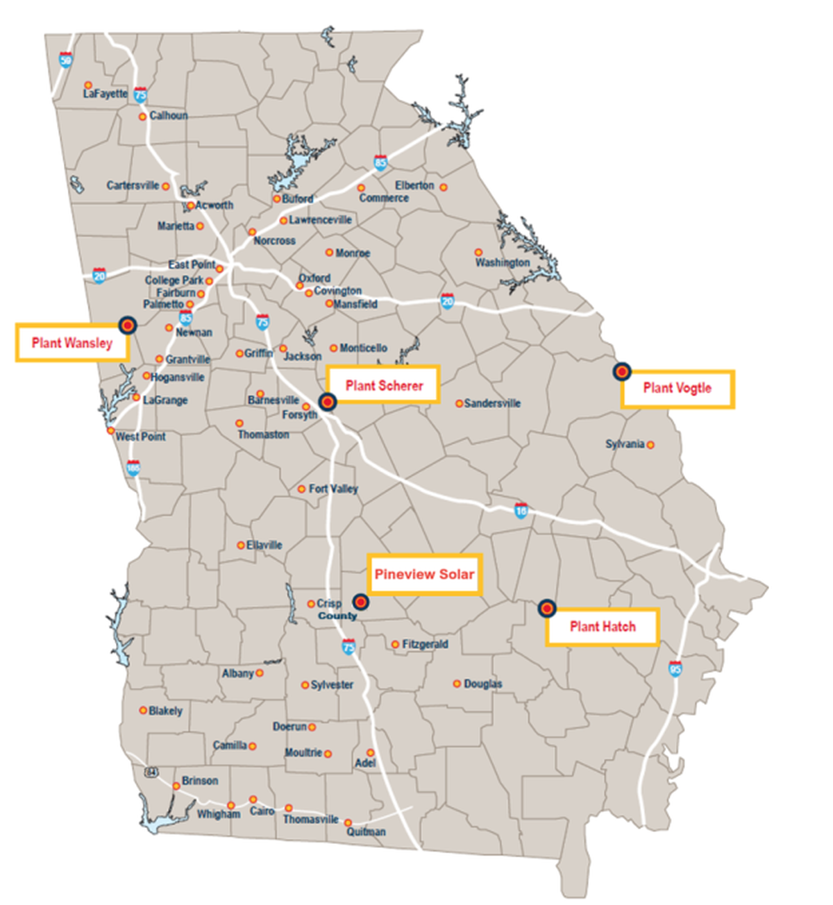 All 49 MEAG Power, Municipal Energy Authority of Georgia municipal partners and power plants.