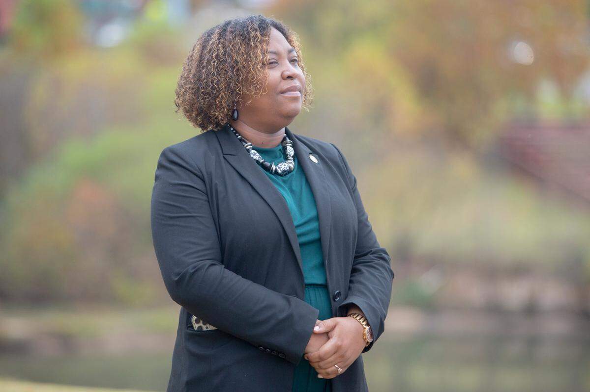 Columbus Councilor Toyia Tucker stands at a Georgia Democrats event recognizing the bipartisan infrastructure deal passed last week, on Nov. 22, 2021, in Columbus, Ga.