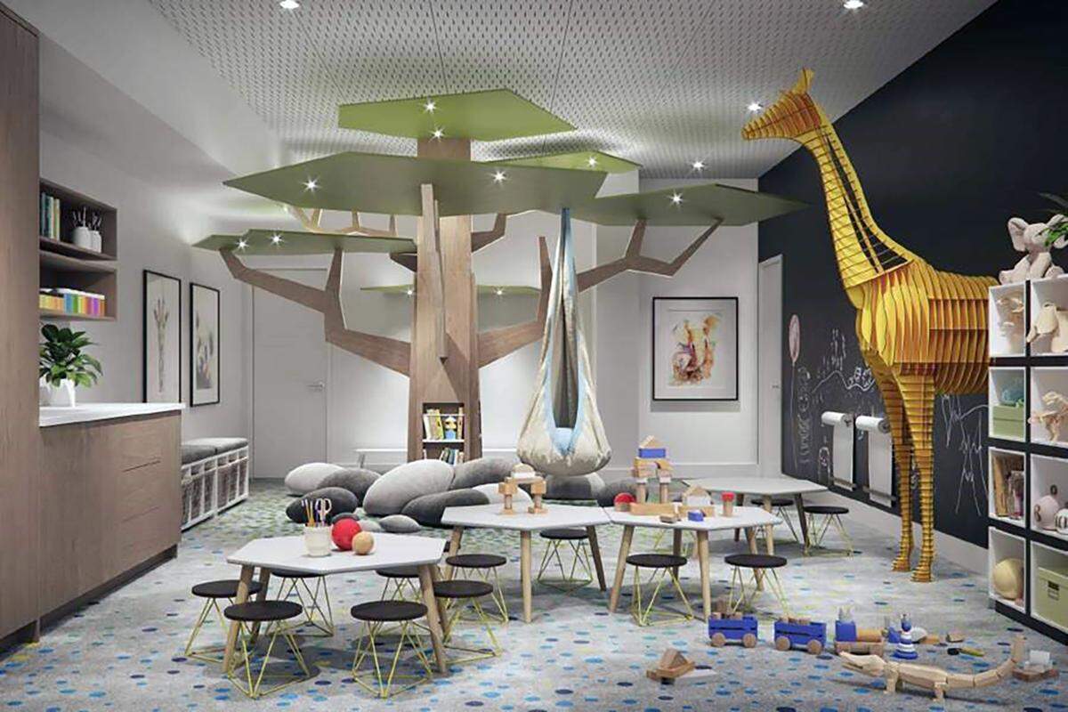 This artist’s rendering depicts a playroom inside the Bill and Olivia Amos Children’s Hospital after a major renovation project of the building is complete.