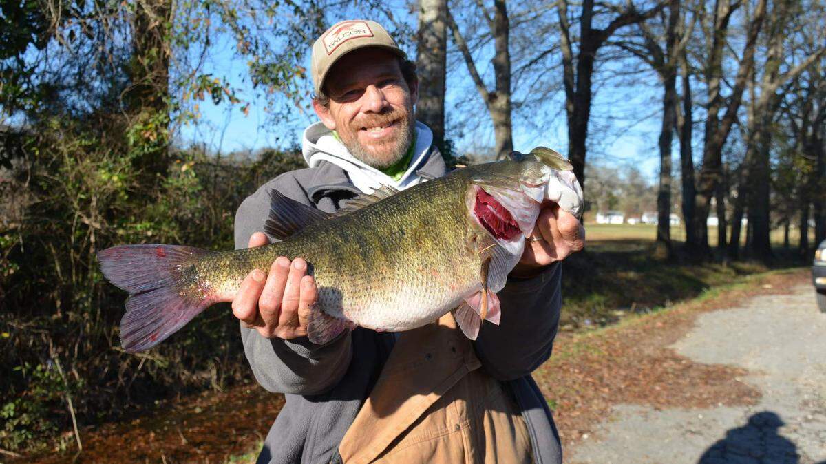 Joseph Matthew McWhorter set a new Georgia state record by catching this shoal bass. Dec. 23, 2021, on the Chattahoochee River near Columbus. It weighed 8 pounds and 5 ounces, breaking the previous record of 8 pounds and 3 ounces set in 1977.
