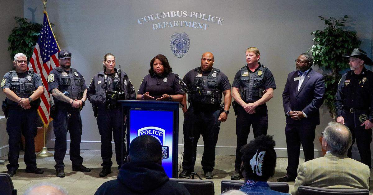 Sgt. Katina Williams of the Columbus Police Department, center, speaks during an April 7, 2026, news conference at the CPD headquarters. Williams was honored with a resolution read by Georgia state Rep. Teddy Reese (D-Columbus) for being selected as WRBL’s 2026 Remarkable Woman. At the event, Reese also presented a resolution congratulating Columbus Police Chief Stoney Mathis and CPD for being named the Georgia Chapter of the FBI National Academy Associates’ Phyllis Goodwin Agency of the Year.