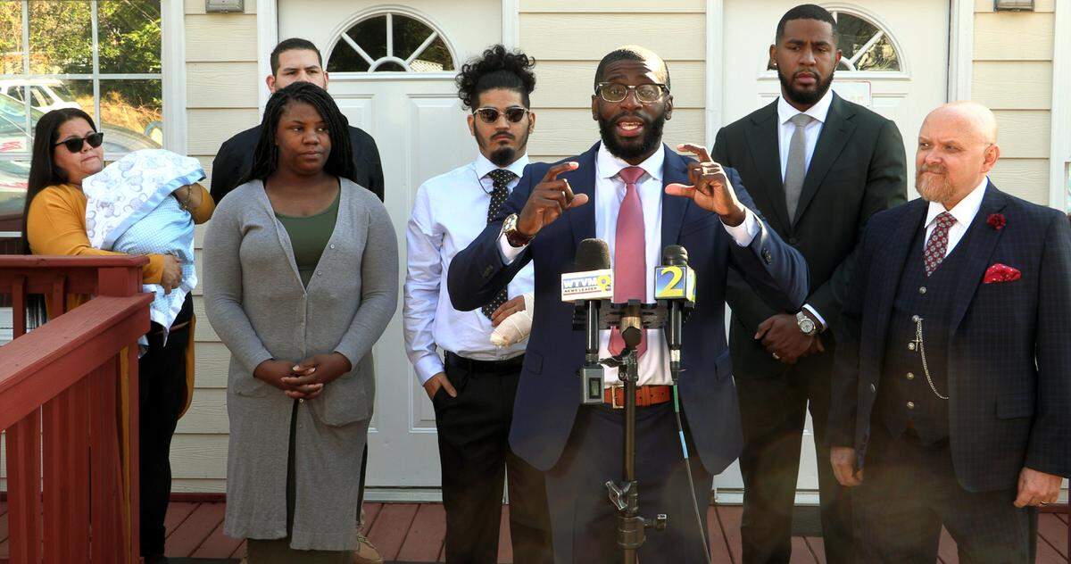 Julius Collins, at podium, attorney for Jermaine Hernandez, answers questions during a Thursday morning press conference in Columbus, Georgia. 02/22/2024