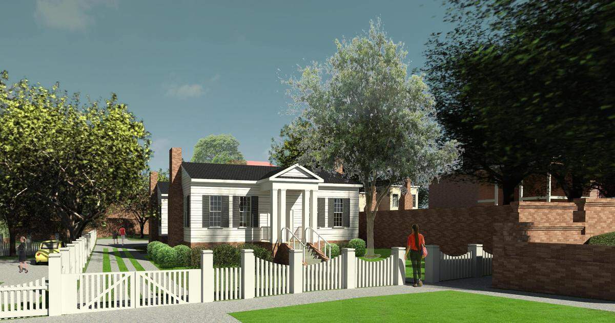 A $2 million project from Historic Columbus would replace a downtown park with five 19th-century homes and revamp a public space along the Chattahoochee River. This is a rendering of one of the homes.