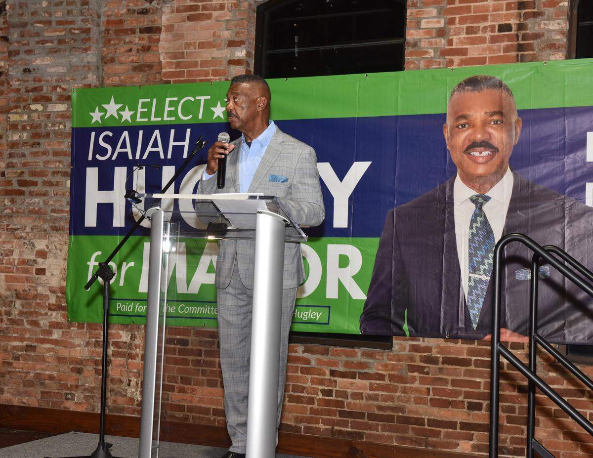 Columbus mayoral candidate Isaiah Hugley speaks to his supporters during his watch party at Warehouse 9 on election night May 19, 2026.