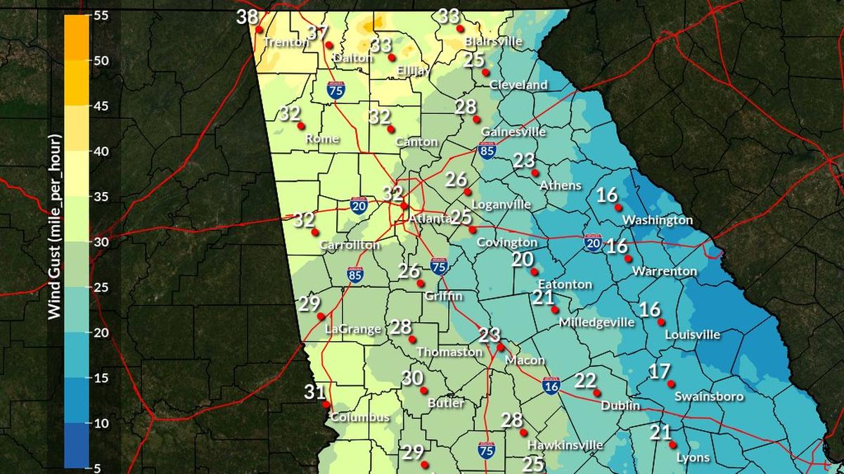A wind advisory will remain in effect until 2 p.m. on Tuesday, according to a post from the National Weather Service Atlanta X page.
