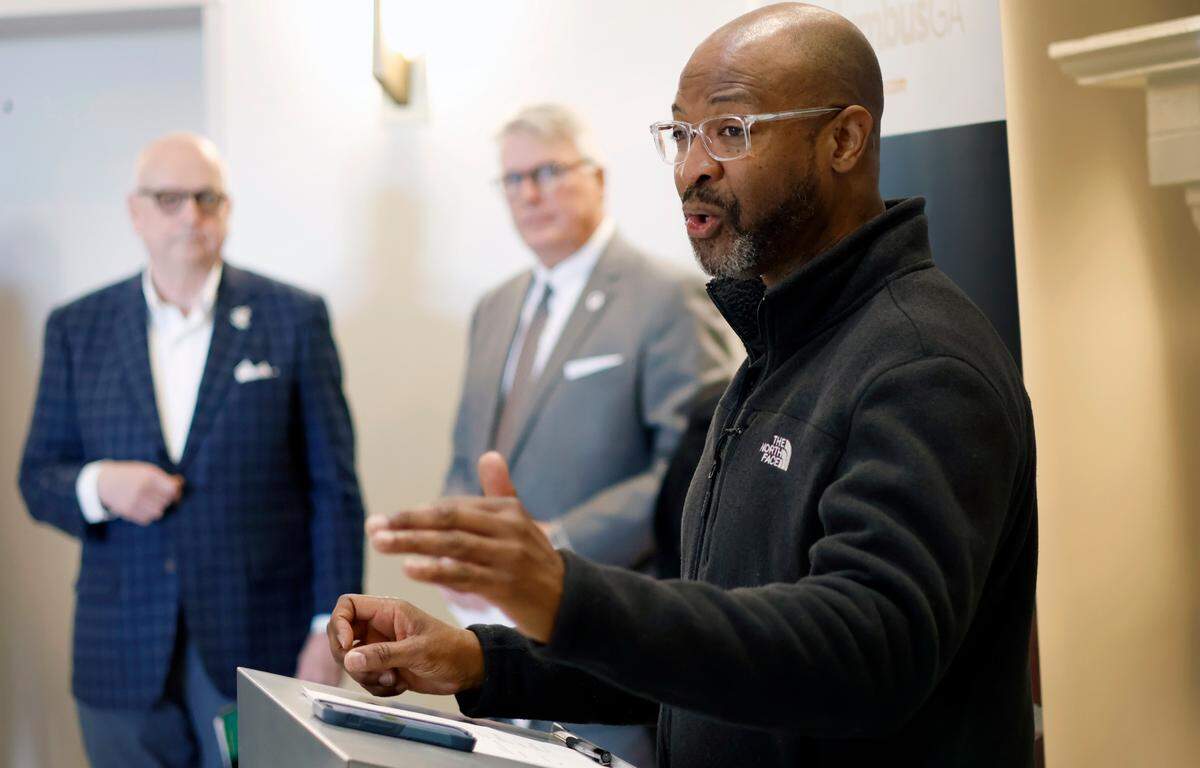 Garrett Townsend, director of public affairs for AAA, The Auto Club Group, speaks during a morning press conference in Columbus, Georgia about a new, free EV road trip guide that educate drivers about electric vehicle ownership while exploring historic civil rights sites in Georgia and South Carolina. 02/07/2024