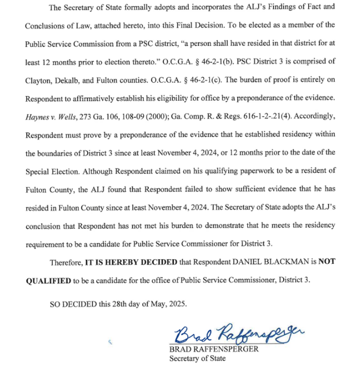 A snippet from the Stephens v Blackman decision by Secretary of State Brad Raffensperger.