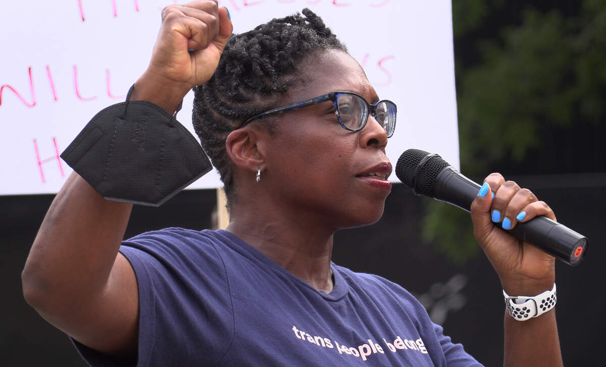 Patricia Lassiter speaks to people gathered in downtown Columbus Thursday evening to protest the recent U.S. Supreme Court’s decision about abortion rights. 06/30/2022