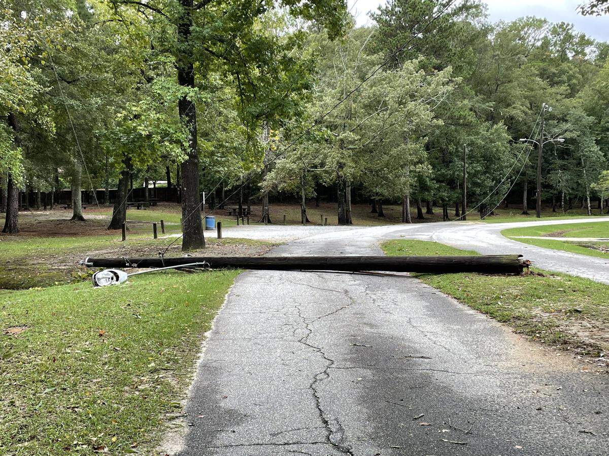 A fallen power pole is shown Sept. 27, 2024, at Cooper Creek Park in Columbus after the storm associated with Hurricane Helene came through the city.