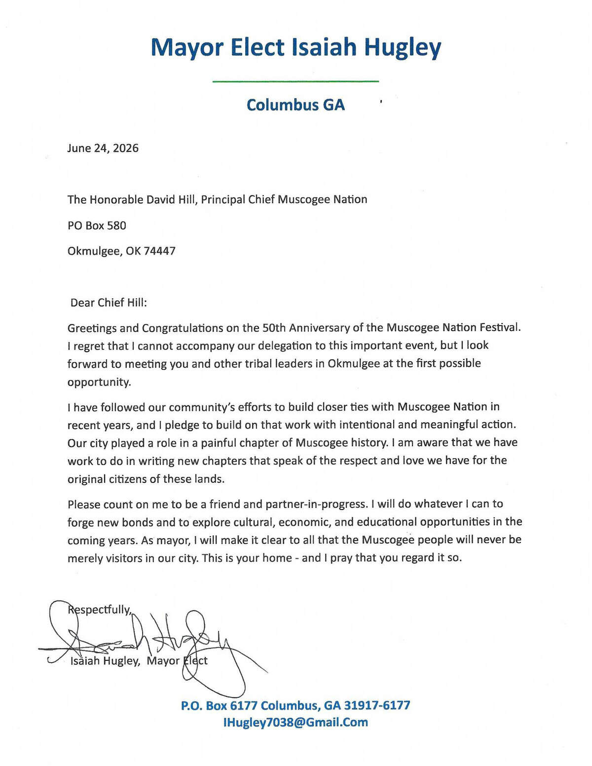 A group of Chattahoochee Valley residents is traveling to Oklahoma this week to learn more about the Muscogee (Creek) Nation and deliver to the Native American tribe’s leaders a letter from Columbus Mayor-Elect Isaiah Hugley that pledges to build on the city’s efforts to forge a stronger relationship between the two communities.