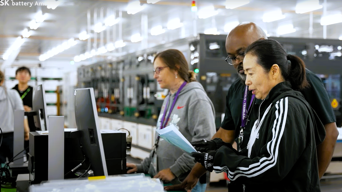Employees at SK Battery America based in Commerce, Georgia, employing 3,000 people. The company has invested $2.6 billion dollars worth of private money.