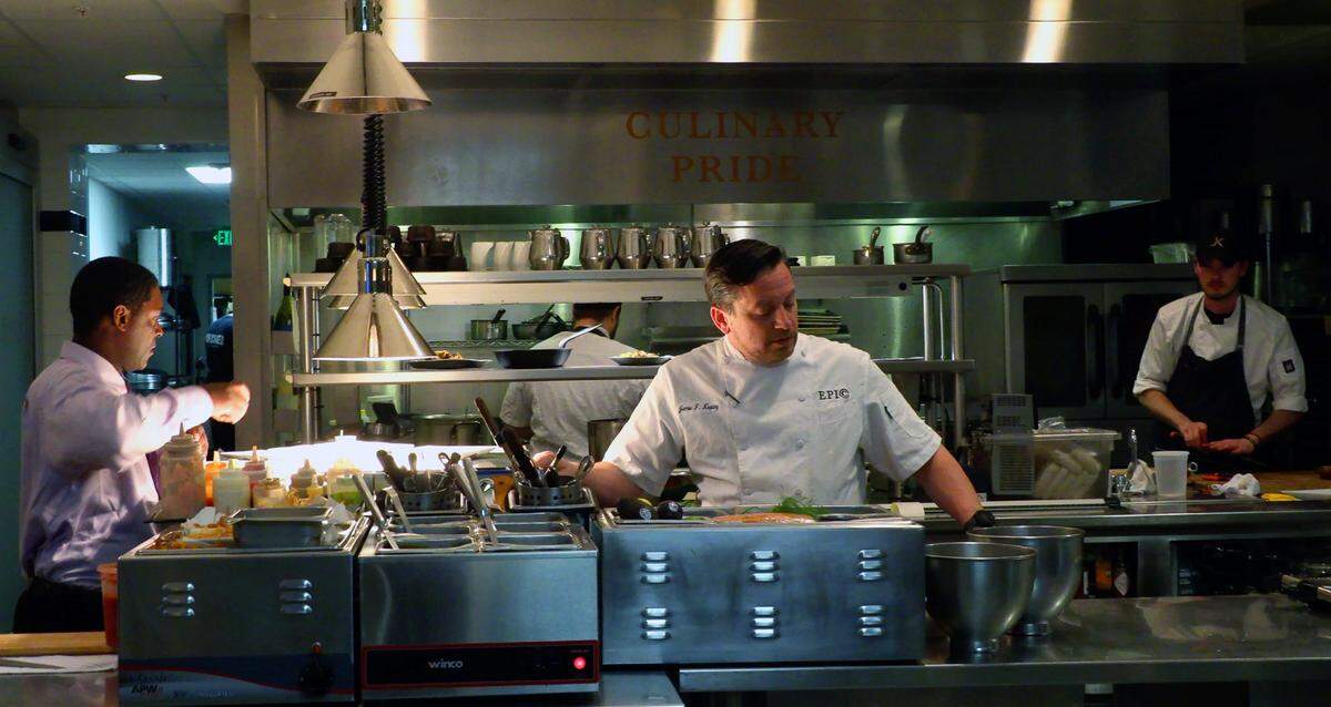 Jamie Keating, center, chef and co-owner of Epic Restaurant in Columbus, Georgia, and his staff work dinner service Wednesday evening. This week’s Foodie Friday takes us to Epic, where Nick Wooten was finally able to finish his “walkabout” in search of a place to eat Kangaroo.