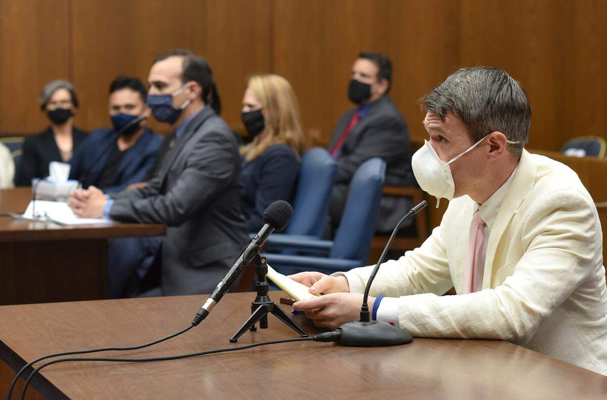 District Attorney Mark Jones pleads the case for dismissal of charges against Albert and Ashley Debelbot in Judge Arthur Smith’s court on Tuesday afternoon, April 13, 2021.