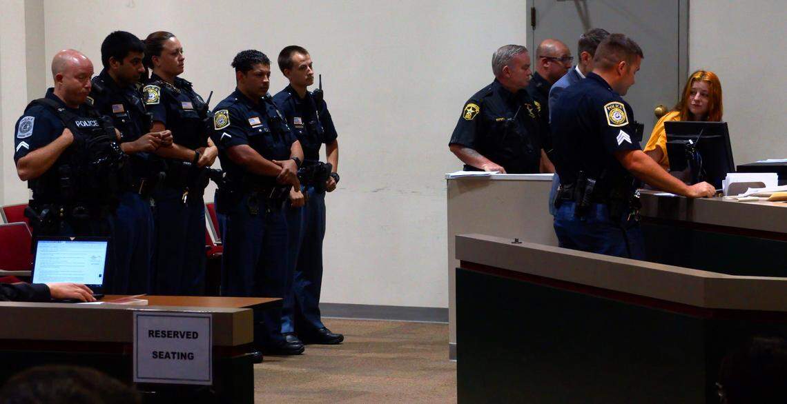 Attorney Mark Jones, center, represented Skylar D. McMeans, right and many of the other protesters who appeared in Columbus Recorder’s Court Tuesday morning. Nineteen of the 22 people Columbus police arrested Sunday after a demonstration against racial injustice pleaded to misdemeanor charges Tuesday in Columbus Recorder’s Court so their bond money could be refunded. Only one pleaded guilty. The rest pleaded no contest, meaning they admitted no guilt but chose not to fight the charges. All were released with credit for the time they spent in jail Sunday night.