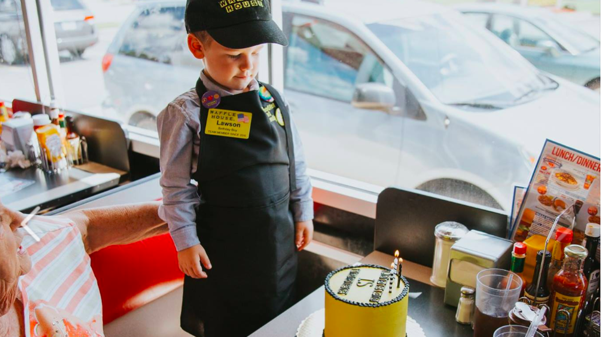 Three-year-old Lawson of Buford, Georgia., got the breakfast treat of a lifetime when family threw him a full-on Waffle House birthday party, complete with a uniform, cake, special buttons, party invitations and more.