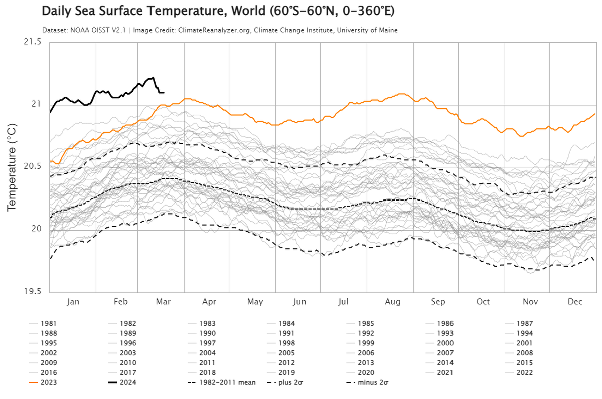 The average sea surface temperature since 1981. Dr. Marshall Shepherd said the black line is our current temperature, beating the 2023 record, which was the previous hottest ocean temperature on record.