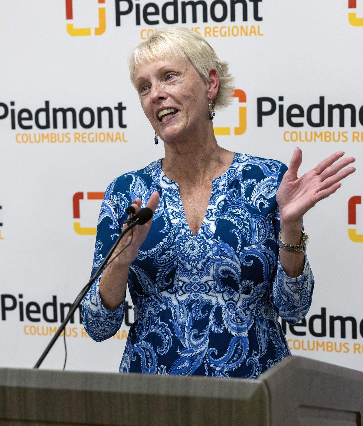 Columbus philanthropist Wanda Amos speaks at the ribbon-cutting ceremony May 11, 2026, to celebrate the completion and naming of a $58 million expansion and renovation project that has increased the Piedmont Columbus Regional midtown hospital’s critical care capacity. Named the Shelby and Wanda Amos Intensive Care Unit, the 99,038-square-foot project includes 43 new ICU beds, plus 68 renovated rooms, across three nursing units.