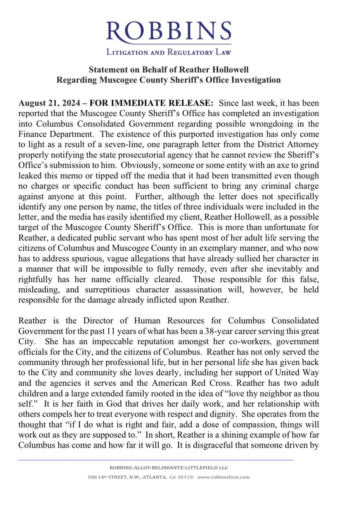 A screenshot of the first page of a statement from attorney Chuck Boring regarding his client Reather Hollowell.