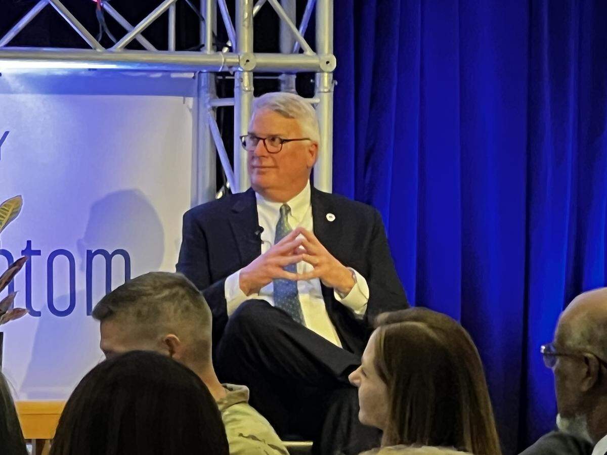 Columbus Mayor Skip Henderson, who will complete his second four-year term at the end of this year and isn’t allowed to seek re-election due to term limits, participates in his final State of the City event Feb. 17, 2026, in the Cunningham Center at Columbus State University.