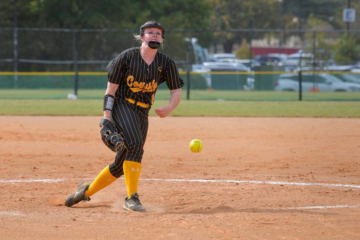 Harris County High School softball junior Riley Huckaby throws a pitch during the 8-0 victory over Eastside-Covington in the Georgia High School Association Class AAAA final round Nov. 2, 2024, at South Commons in Columbus.