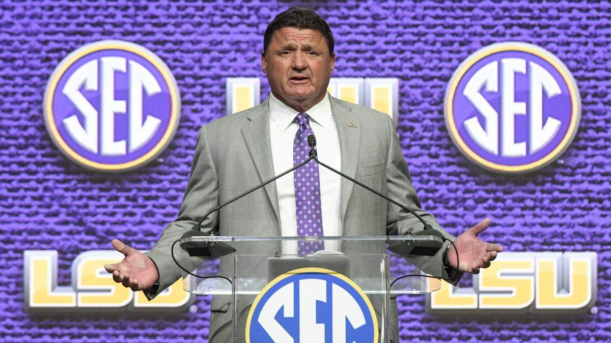 LSU head coach Ed Orgeron speaks during NCAA college football Southeastern Conference media days at the College Football Hall of Fame in Atlanta, Monday, July 16, 2018