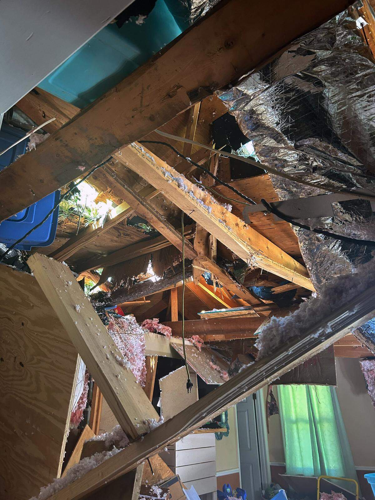 Sunday brought heavy rains, thunder and lightning to the Columbus area leaving tree branches and other debris littering the roads. However, one family in the area were lucky to escape with their lives after a large tree fell on their house on Myrick Drive. David Goins was one of the people in the house when the tree hit. He and his family were standing in the kitchen making dinner Sunday evening when he heard a loud noise. 08/19/2024
