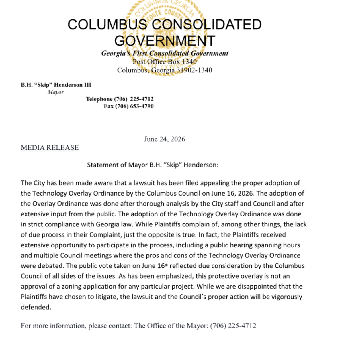 Statement from Mayor “Skip” Henderson regarding the lawsuit over the overlay ordinance 6/24/26