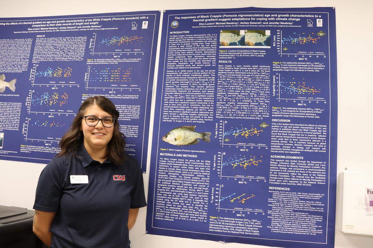 Elva Lucero, 27, Senior Biology Undergraduate student at CSU presented her findings of the White and Black Crappies and the effects of warmer water from climate change have on their lifespan and reproductive attempts.