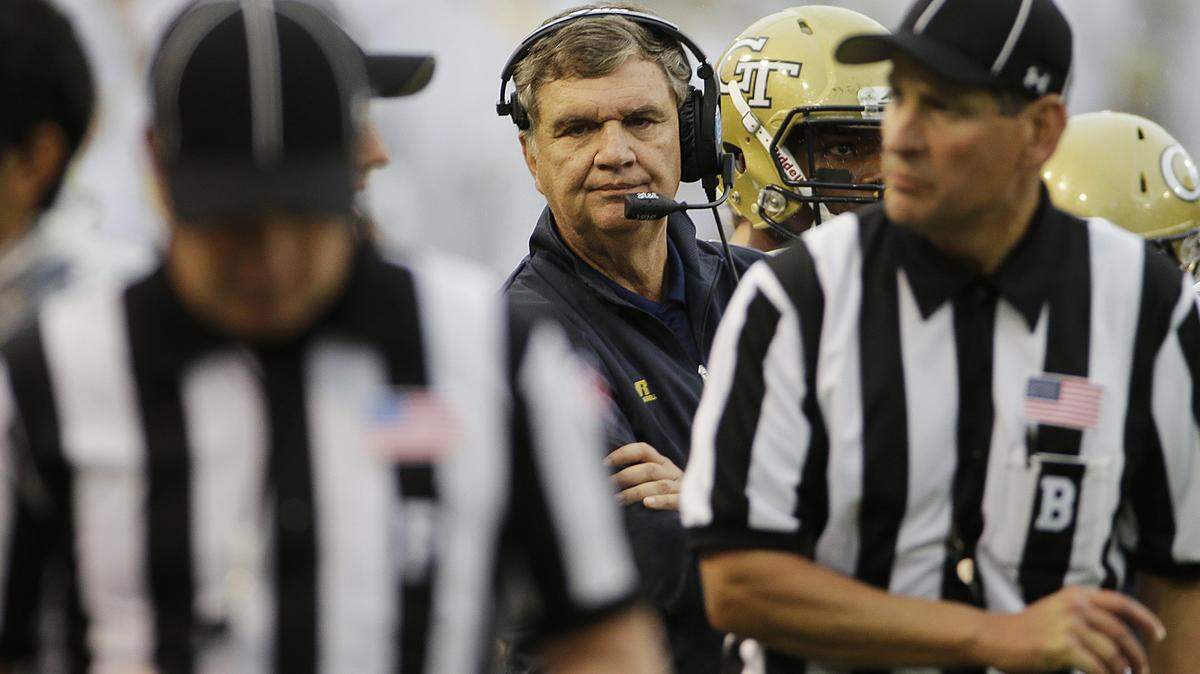 Georgia Tech head coach Paul Johnson, center, and the Yellow Jackets are 2-3 entering their game at Clemson.