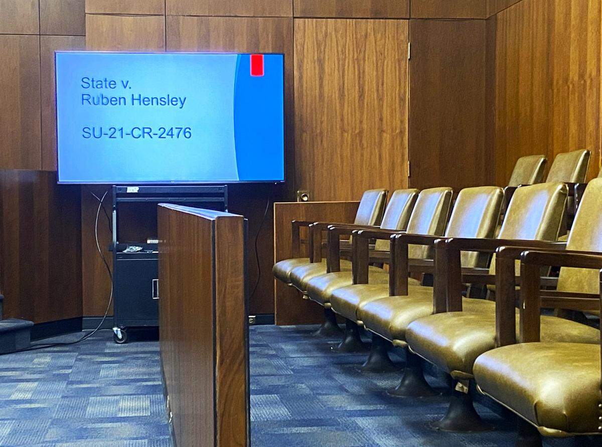 The jury box sits empty during a break in Ruben Hensley’s Columbus murder trial in the 2021 fatal shooting of his friend Marjester Thornton.
