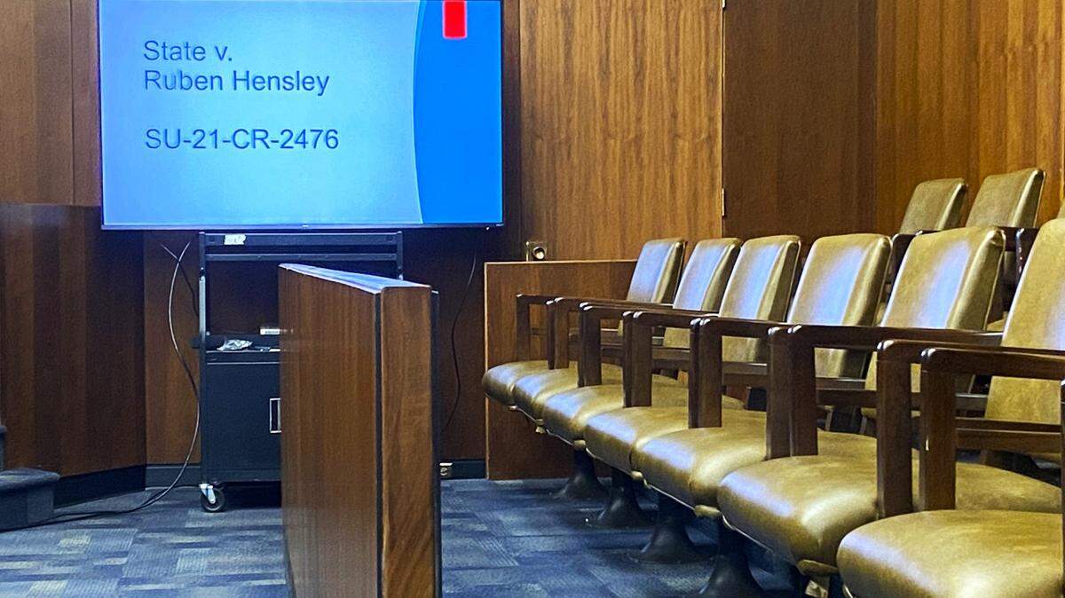 The jury box sits empty during a break in Ruben Hensley’s Columbus murder trial in the 2021 fatal shooting of his friend Marjester Thornton.