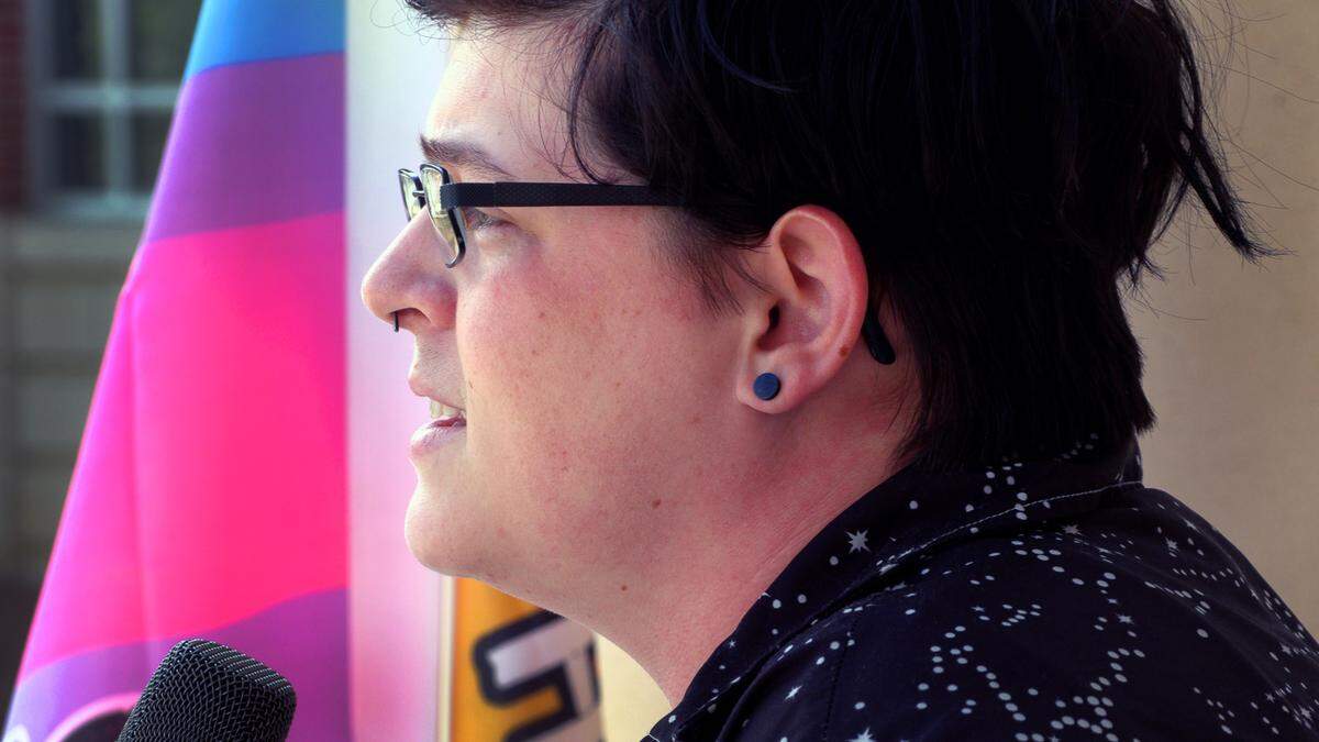 Victor Snakenberg speaks at a Colgay Pride rally Friday morning in front of the Citizens Service Center in Columbus, Georgia as part of “Trans Visibility Awareness weekend” events. 03/28/2025