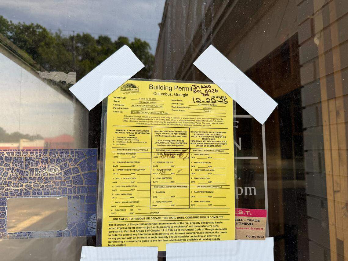 Bombay Palace is moving into the space at 4213 Macon Road in Columbus, replacing a Mazzio’s Pizza location. The building permit is pictured April 21, 2026.